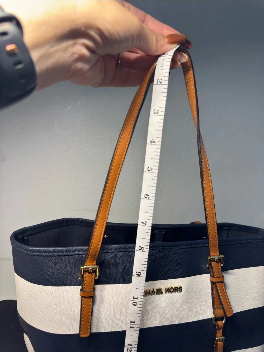 Michael Kors Navy & White Stripe Saffiano Tote with Tan Handles